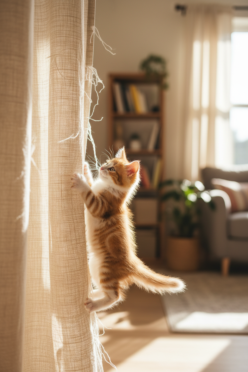 Katze kratzt den Vorhang