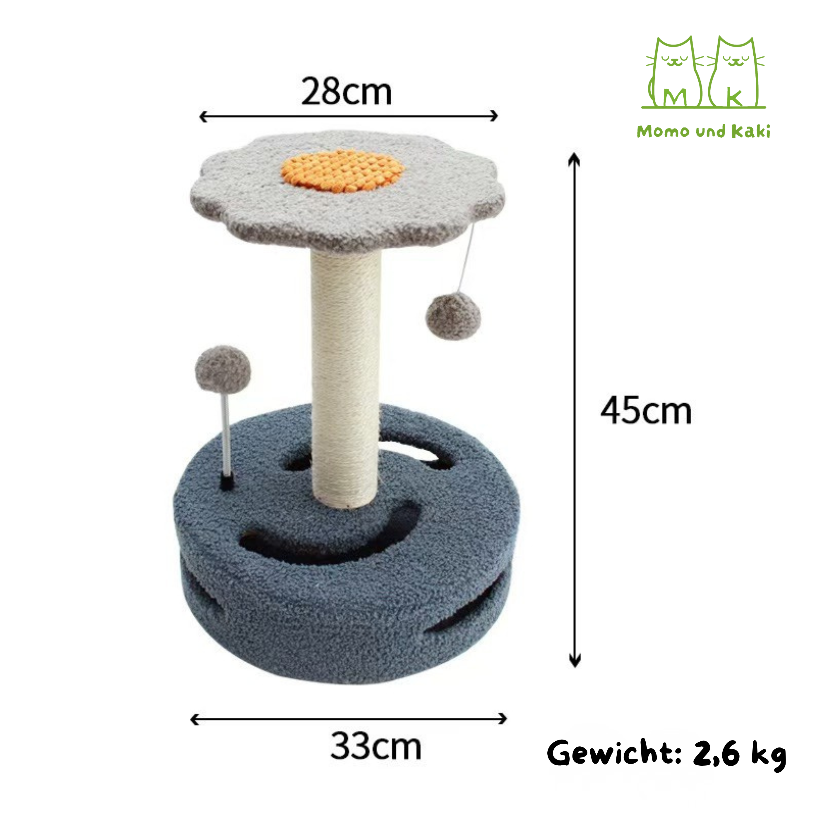 Sonnenblumen-Kratzbaum mit Sisalstamm & Spielbahn – platzsparend, weicher Teddystoff
