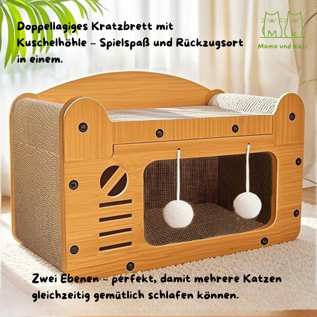 Kratzbrett-Katzenhaus aus hochdichter Wellpappe – stabil, staubarm & schnipselfrei (Krallenwetzen, Spielen & Ausruhen)
