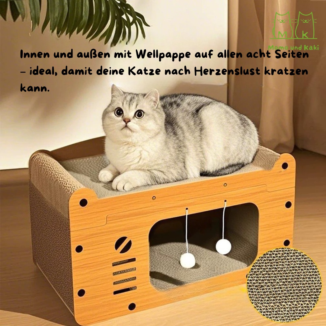 Kratzbrett-Katzenhaus aus hochdichter Wellpappe – stabil, staubarm & schnipselfrei (Krallenwetzen, Spielen & Ausruhen)