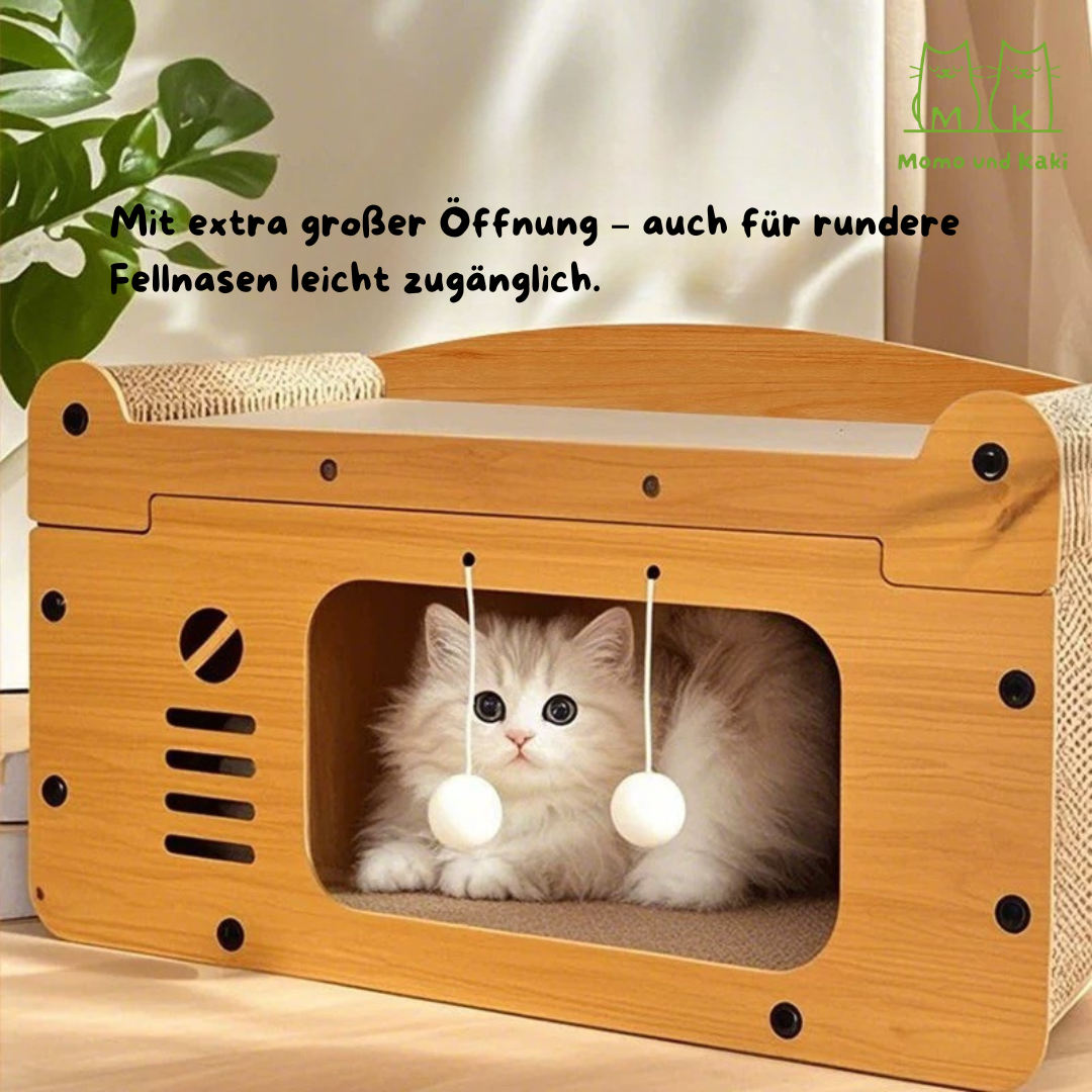 Kratzbrett-Katzenhaus aus hochdichter Wellpappe – stabil, staubarm & schnipselfrei (Krallenwetzen, Spielen & Ausruhen)