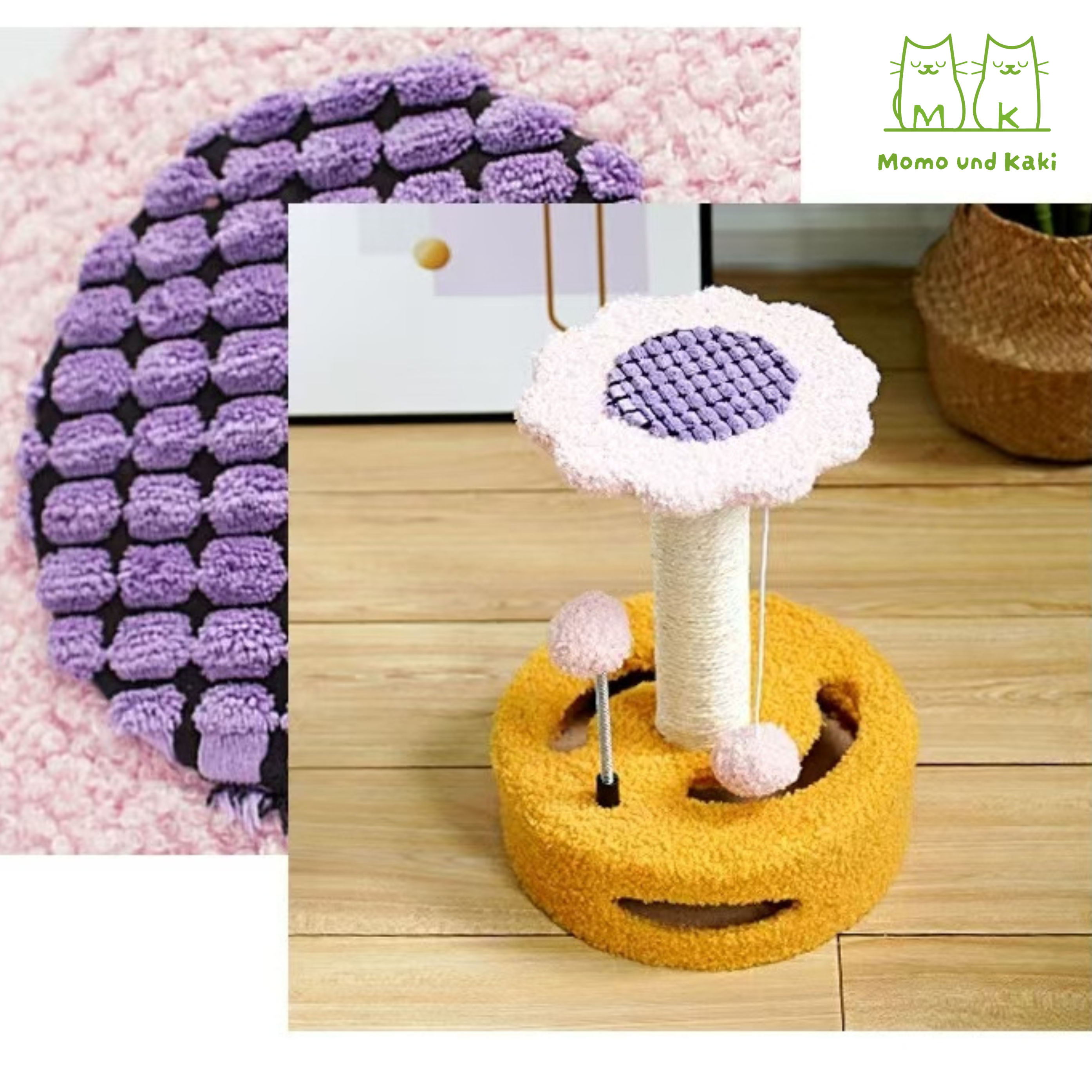 Sonnenblumen-Kratzbaum mit Sisalstamm & Spielbahn – platzsparend, weicher Teddystoff
