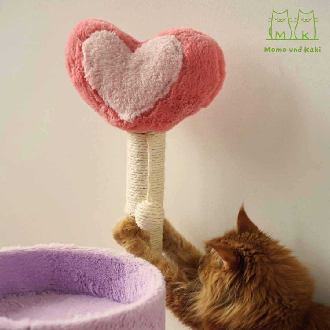 Katzenkratzbaum im niedlichen Design (Herz/Baum/Pfirsich) – Sisal-Säule, Pompom-Spielzeug & offenes Kuschelbett