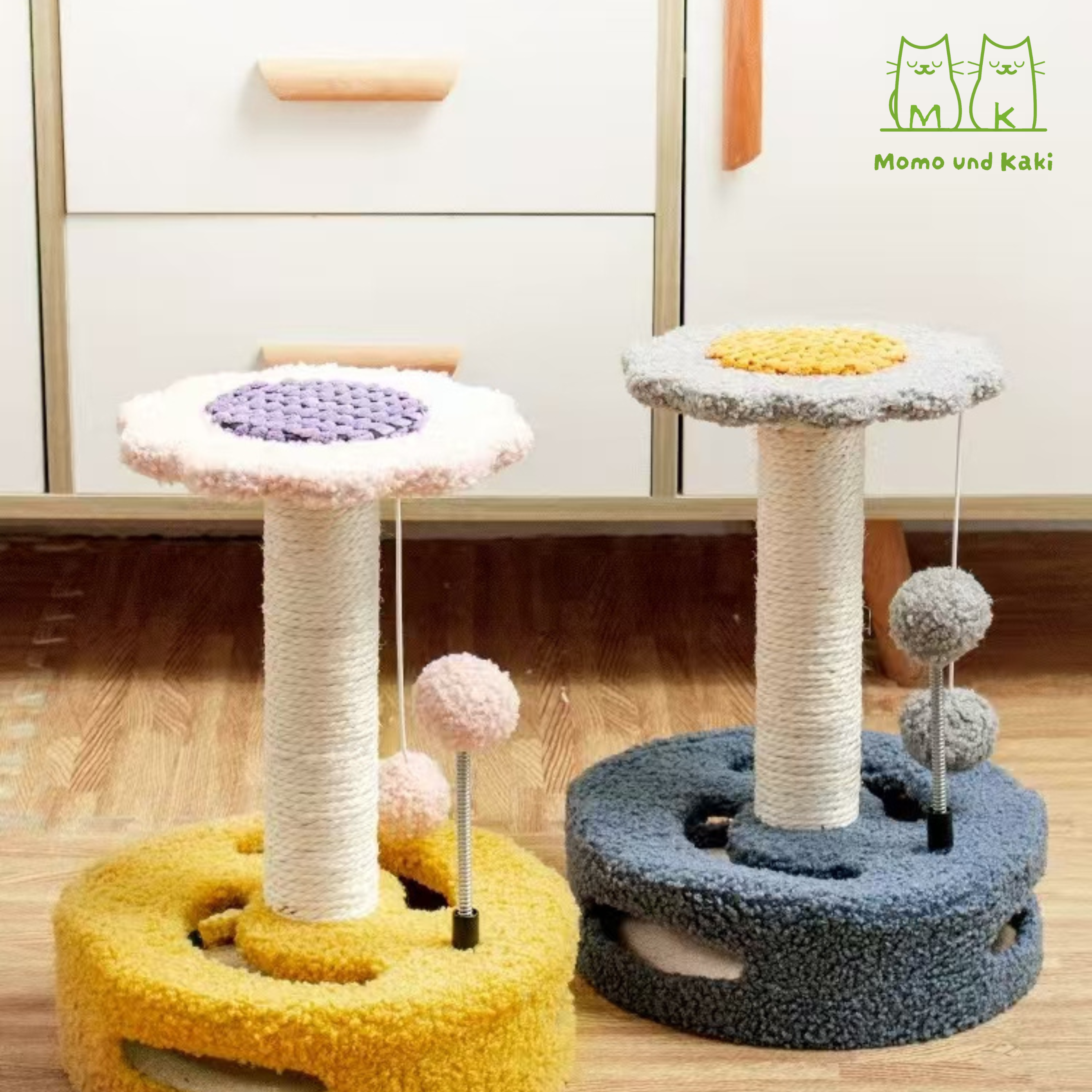 Sonnenblumen-Kratzbaum mit Sisalstamm & Spielbahn – platzsparend, weicher Teddystoff