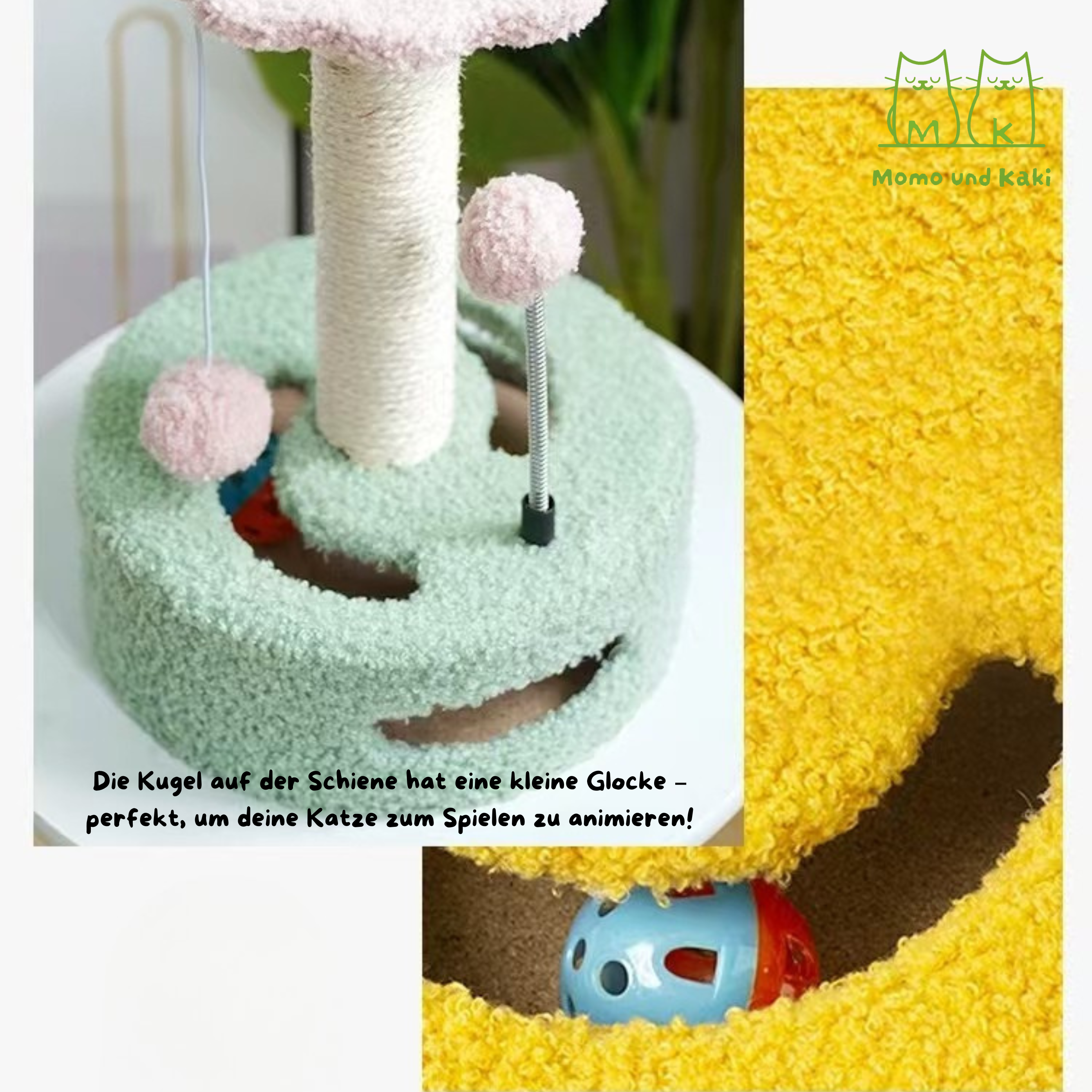 Sonnenblumen-Kratzbaum mit Sisalstamm & Spielbahn – platzsparend, weicher Teddystoff