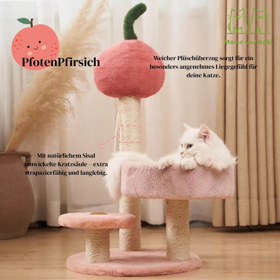 Katzenkratzbaum im niedlichen Design (Herz/Baum/Pfirsich) – Sisal-Säule, Pompom-Spielzeug & offenes Kuschelbett