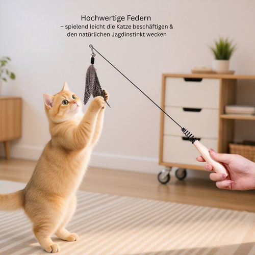 5er Set Katzenangel mit Federn & Glocke – Interaktives Katzenspielzeug mit flexiblem Draht