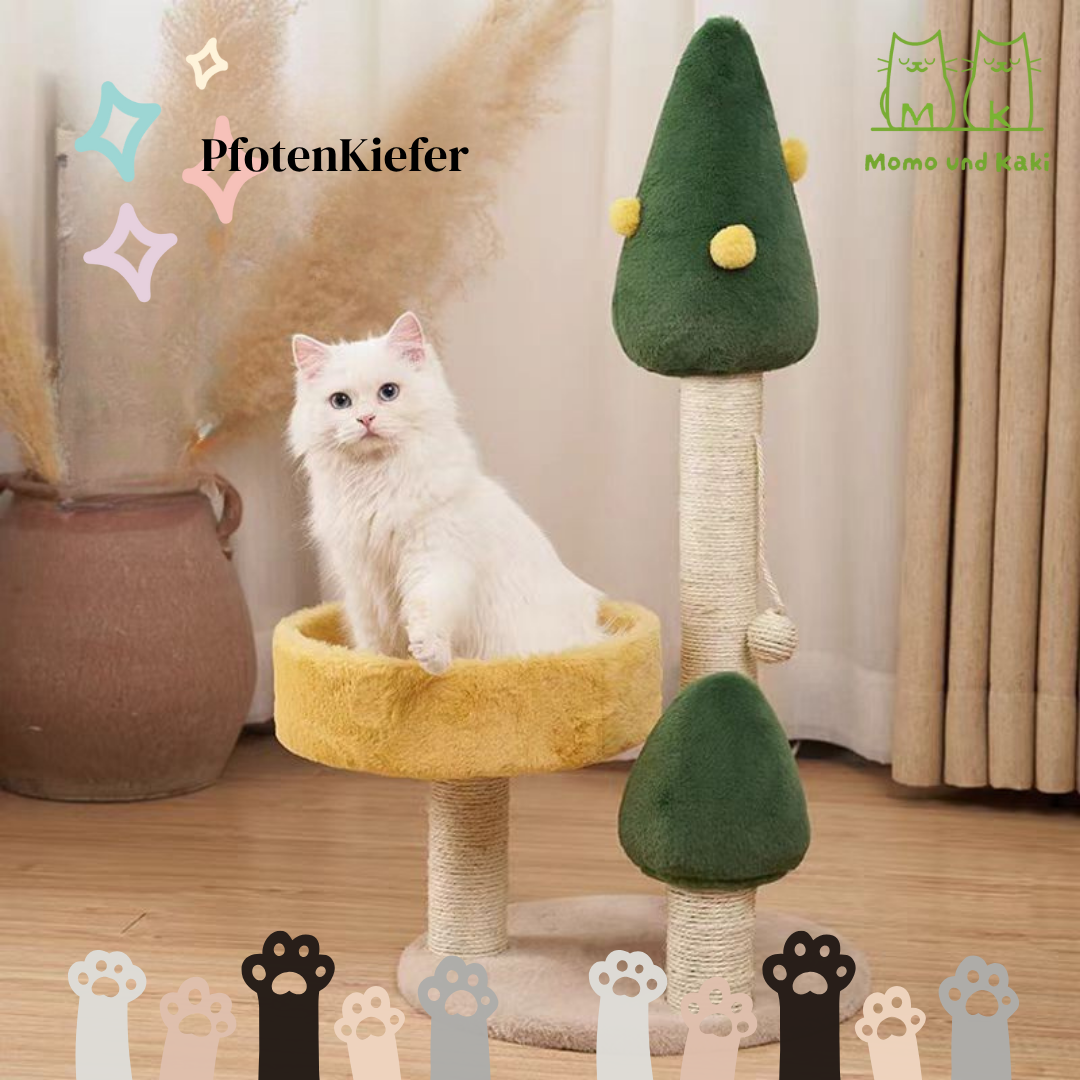Katzenkratzbaum im niedlichen Design (Herz/Baum/Pfirsich) – Sisal-Säule, Pompom-Spielzeug & offenes Kuschelbett
