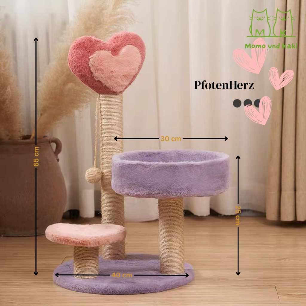 Katzenkratzbaum im niedlichen Design (Herz/Baum/Pfirsich) – Sisal-Säule, Pompom-Spielzeug & offenes Kuschelbett