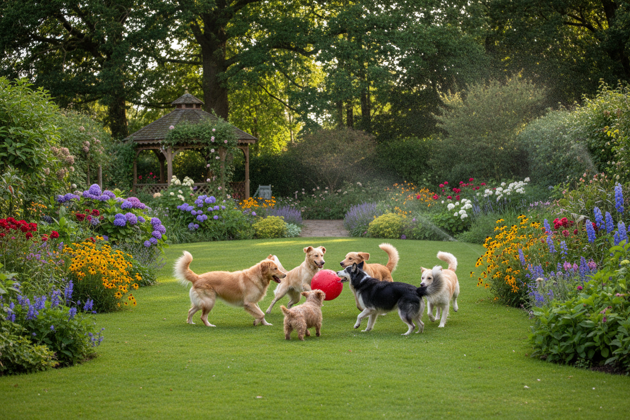 Hunde im Garten mit Ball