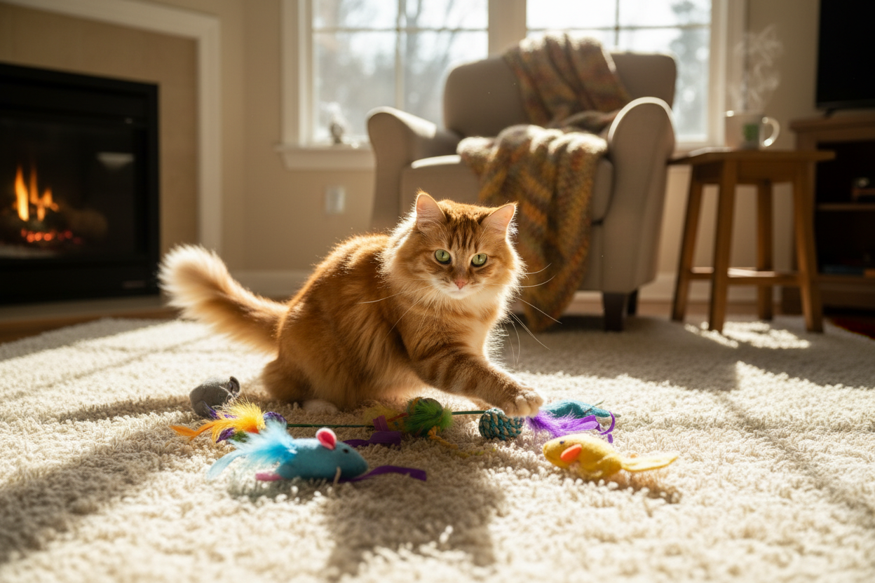 Katze mit spielzeug auf dem teppich im, warm und süß