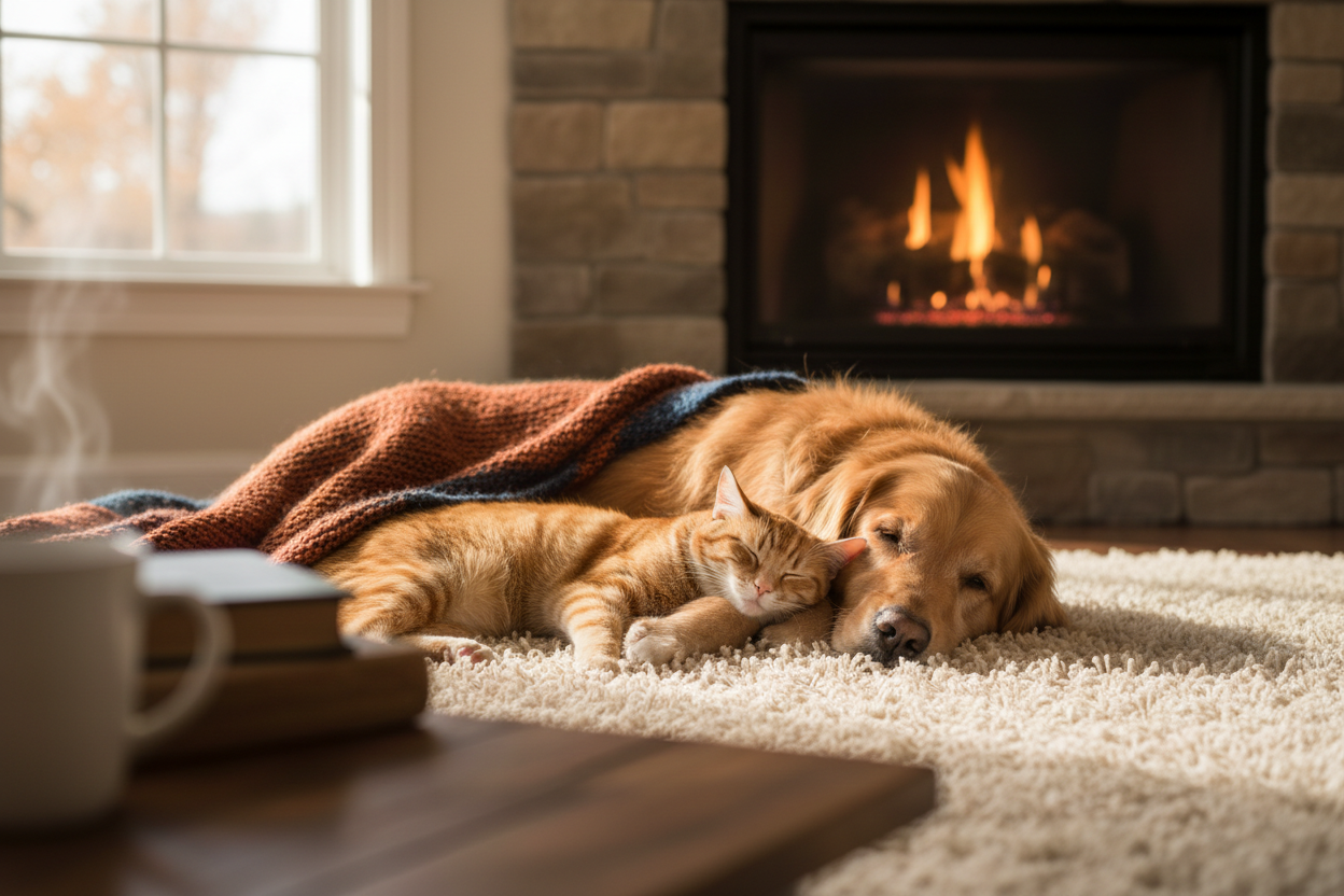 Katze und hunde legen zusammen auf dem teppich, sieht warm aus
