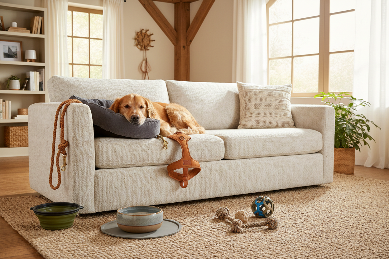 Praktisches Hundezubehör für Spaziergänge, Training und Zuhause. Funktional, langlebig und durchdacht – damit dein Alltag mit Hund einfacher, sicherer und entspannter wird. a dog sits on the coach