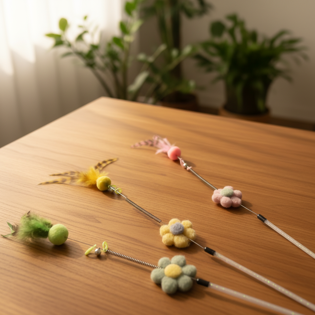 Blumen-Katzenangel mit Federn und integrierter Glocke – leicht, interaktiv & bindungsfördernd