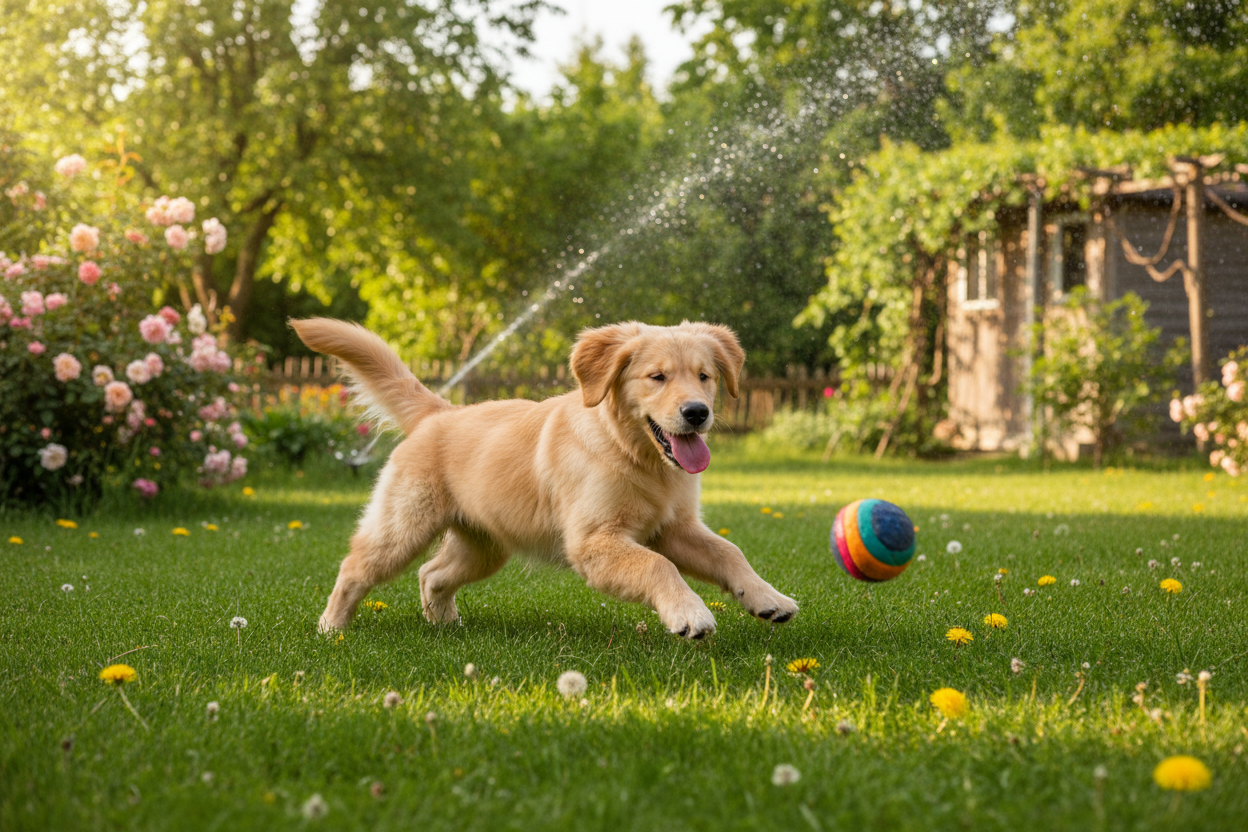 süße Hunde spielt auf dem Gaten